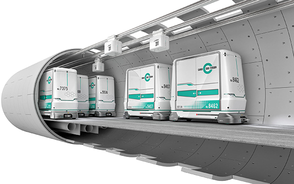 Cargo Sous Terrain 3-D vehicle laden with packages
